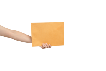 A clean, high-resolution studio shot of a hand extending and holding a large, blank brown manila envelope or document against a pure white background. The simple, isolated composition allows for excel