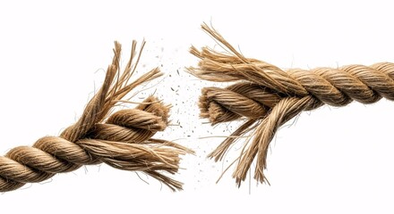 Frayed broken rope ends, separated and isolated on white background

