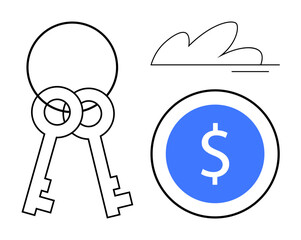 Two overlapping keys beside a blue circle featuring a dollar sign and minimal cloud accent. Ideal for finance, wealth, security, savings, investment, insurance, real estate. Simple flat metaphor
