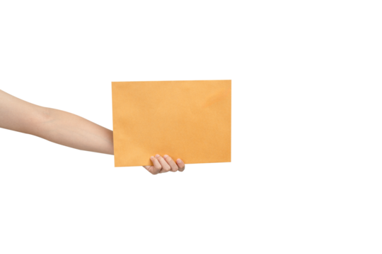A clean, high-resolution studio shot of a hand extending and holding a large, blank brown manila envelope or document against a pure white background. The simple, isolated composition allows for excel