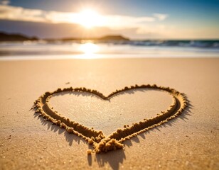 Heart drawn in sand on a beach at sunrise.  Golden heart shape on light beige sand. Ocean waves, soft light, and distant horizon