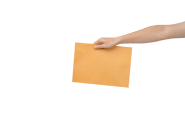 A clean, high-resolution studio shot of a hand extending and holding a large, blank brown manila envelope or document against a pure white background. The simple, isolated composition allows for excel