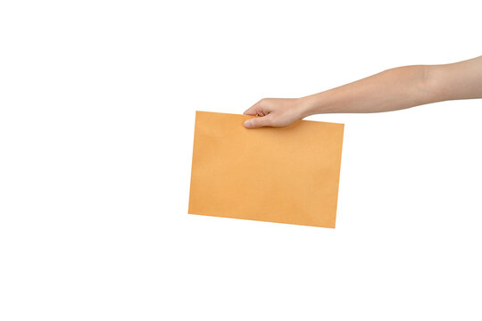 A clean, high-resolution studio shot of a hand extending and holding a large, blank brown manila envelope or document against a pure white background. The simple, isolated composition allows for excel