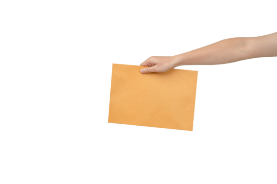 A clean, high-resolution studio shot of a hand extending and holding a large, blank brown manila envelope or document against a pure white background. The simple, isolated composition allows for excel