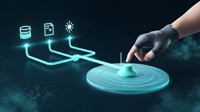 Digital Transformation - Data Pipeline to Lakehouse: Three sources stream dotted flows into a crystal tube and a calm lake disk; a micro line chart lifts, then steadies.