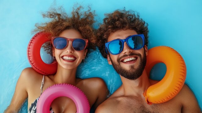 A young couple wearing inflatables and sunglasses relaxes in the pool—perfect for advertising summer vacations, pool accessories, and sunglasses.