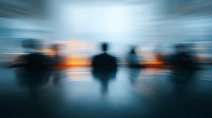 Obraz premium Blurry office scene showing professionals engaged in work activities at their desks during a busy day