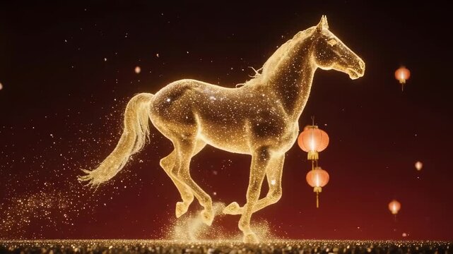 An elegant video of a majestic horse made of shimmering gold particles, galloping in slow motion. A festive background for Chinese New Year, Year of the Horse celebrations.