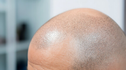 Fototapeta premium Close-up of a partially bald head, showcasing the texture of the skin and the remaining hair, emphasizing hair loss. Illustrates aging or medical conditions.