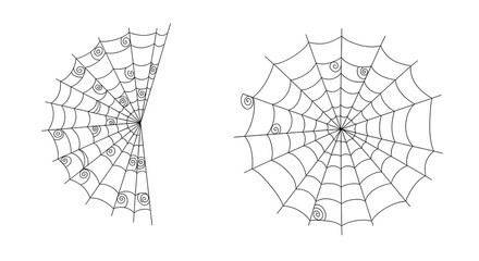 Two spiderwebs isolated on white background, one is a half web and the other is a full web, both are drawn in a simple black line art style