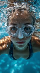 Fototapeta premium A girl wearing swimming goggles, useful for topics about sports, healthy lifestyle, and active recreation.