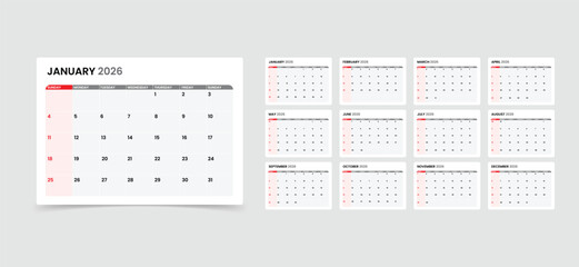 2026 monthly calendar and diary planner. Week Starts on Sunday