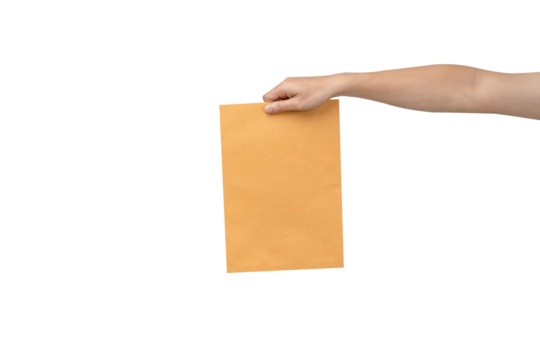 A clean, high-resolution studio shot of a hand extending and holding a large, blank brown manila envelope or document against a pure white background. The simple, isolated composition allows for excel