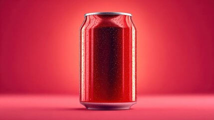 A close up studio shot of a red beverage can with condensation droplets on its surface. The can is centered against a seamless red background with soft studio lighting.
