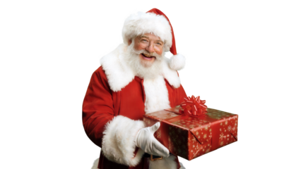 Joyful santa claus holding a festive red gift box with a ribbon isolated on transparent background