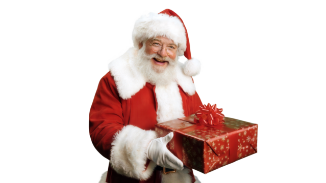 Joyful santa claus holding a festive red gift box with a ribbon isolated on transparent background