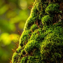 Close-up of vibrant green moss clinging to a tree trunk.  Sunlight highlights the textured surface.  Blurred background of out-of-focus greenery