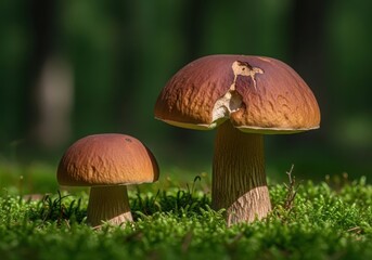 Two brown cap mushrooms grow tall on a mossy forest floor bathed in sunlight