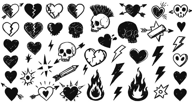 Doodle grunge punk and rock icon set. Hand drawn crayon lightnings, sculls, arrows, hearts, and flame. Crayon hand drawn graffiti groovy punk print kit, emo gothic. Pencil and charcoal scribbles
