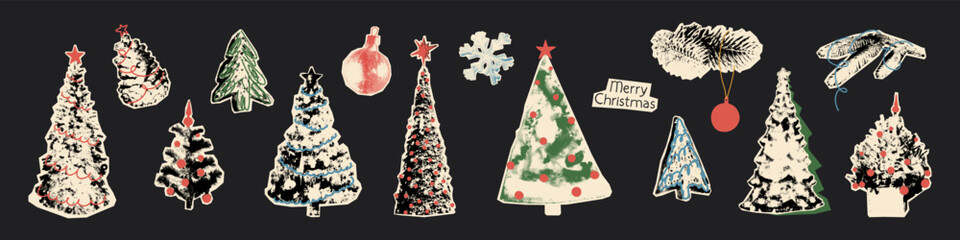 Christmas halftone art collage cut outs set. Paper clippings, decorated Christmas trees and pine branches with vintage dotted texture and doodles. Modern retro grunge mixed media vector illustration