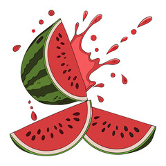 Fresh Watermelon Slices Splashing with Juice Isolated on Transparent Background.