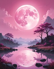 Pink moonlit landscape reflecting in a serene lake