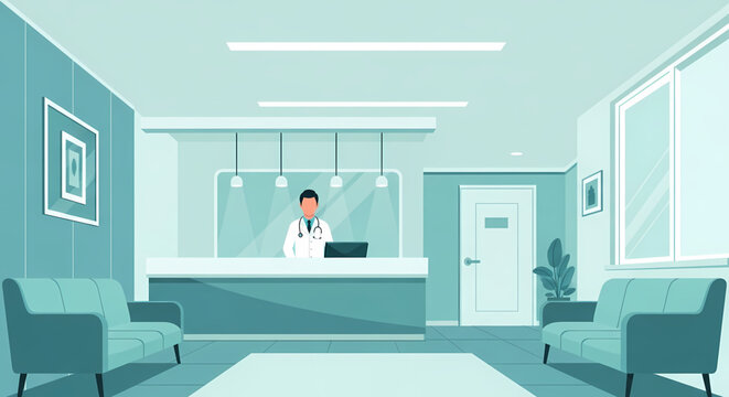 Modern healthcare facility reception area with a friendly doctor at the desk, providing a welcoming environment for patients in a professional medical clinic waiting room setting, designed