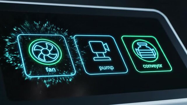 Digital Transformation - IoT Predictive Maintenance: Fleet tiles show health rings; tapping the fan shifts amber to mint while ambient noise particles fade.