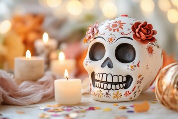 Day of the dead skull with floral design and candles in festive setting