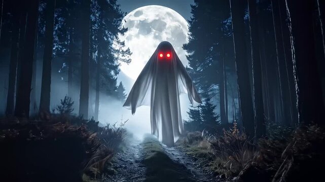 Terrifying Specter Haunting a Foggy Forest Under a Full Moon.