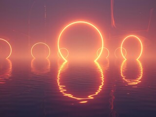Obraz premium Glowing neon figures reflected in water at sunset