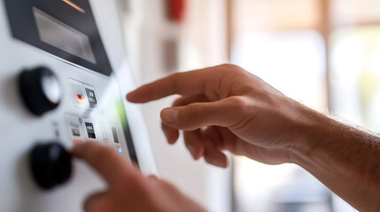 Fingers press buttons on a device, adjusting settings with precision. Light illuminates interface. Close-up captures detail, emphasizing human interaction.