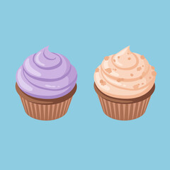 Two Delicious Cartoon Style Cupcake with Cream Topping Illustration