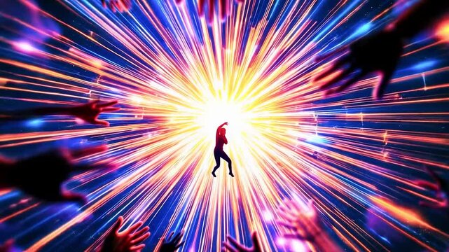 A central figure floats amidst a burst of light and energy, surrounded by outstretched hands