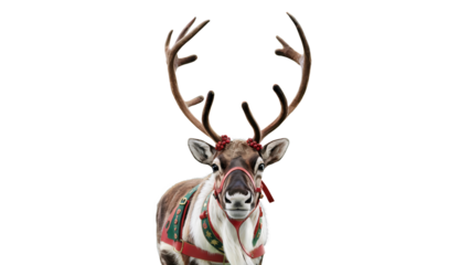 Magnificent reindeer with large antlers adorned with festive ribbons isolated on transparent background