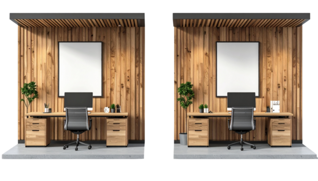 Desk and computer 3D rendering duo isolated on transparent background. - Powered by Adobe