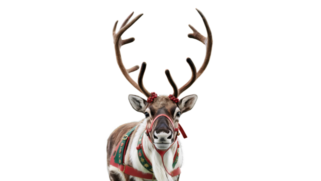 Magnificent reindeer with large antlers adorned with festive ribbons isolated on transparent background