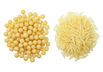 Isolated heaps of pastina pasta egg barley and orzo pasta, small dried traditional food