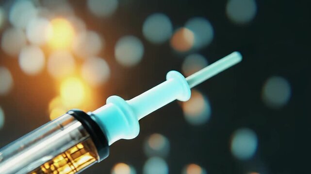 Syringe injecting vaccine into a futuristic vial closeup