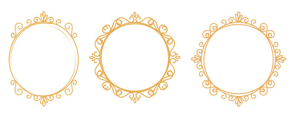 Elegant round ornamental frames in warm gold, hand-drawn flourishes and swirls forming circular borders, minimalist vector set for labels, stickers, invitations, logos and packaging.