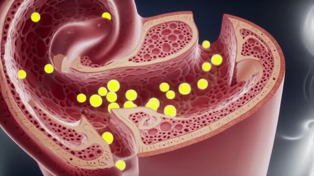 3D animation of vertigo, showing dislodged crystals in the inner ear