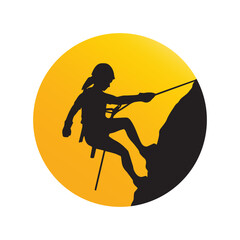 Graphic silhouette of a person rappelling down a rock face, against a yellow circle, symbolizing outdoor adventure, extreme sports, challenge, and vertical descent activities © hildawati