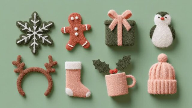 A cute collection of handmade 3D Christmas elements with a wool felt texture. Gingerbread man, snowflake, gift box, Christmas tree, cocoa mug, penguin, holly, Christmas stocking