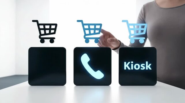 Digital Transformation - Headless Commerce: One product card radiates to web, phone, and kiosk tiles; cart icons light in sequence and hold for consistent availability.