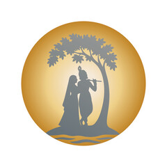 Icon of Lord Krishna playing flute with Radha under a tree in a golden circle, symbolizing love and devotion in Hinduism