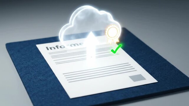 Digital Transformation - e-Invoicing Flow: A plain invoice sends a rise arrow into a cloud cylinder; a rosette stamp forms and a mint check confirms receipt.