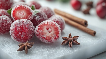 Sugared strawberries with cinnamon and star anise winter holiday festive dessert food photography recipe idea 100c