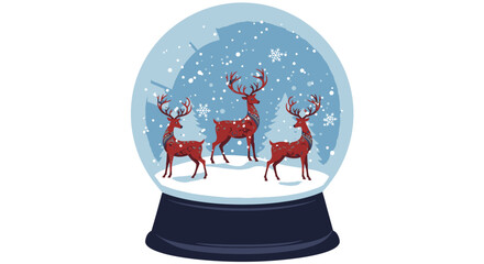 Fototapeta premium Holiday snow globe illustration with three deer and falling snowflakes
