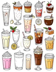 Various hand-drawn iced drinks and desserts