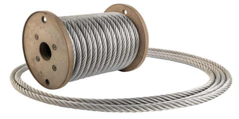 A wooden spool of braided metal wire cable coiled on a dark surface isolated on transparent background